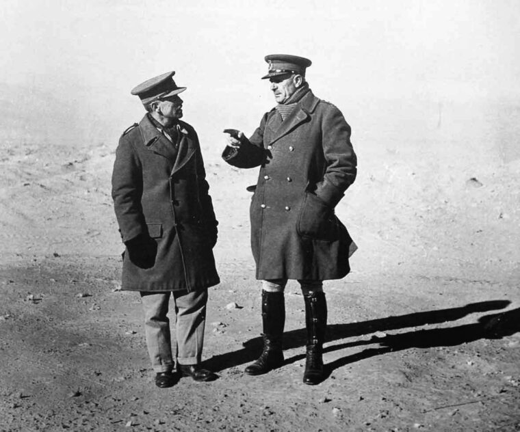 During the assault on the Italian stronghold at Bardia, Lieutenant General Richard O'Connor confers with theater commander General Archibald Wavell.