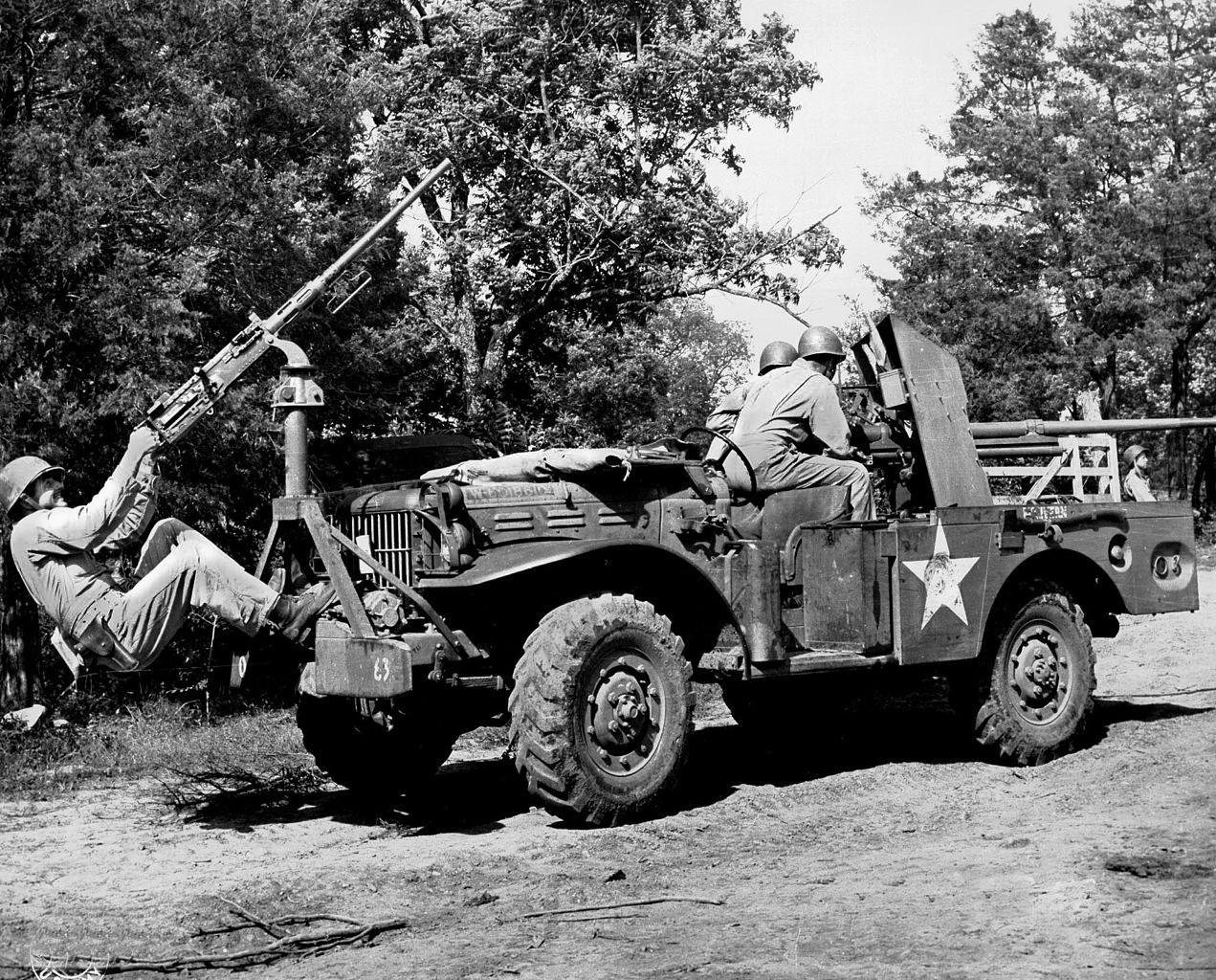 Shown on maneuvers in Tennessee in 1943, this M6 antitank vehicle is armed with a 37mm antitank gun mounted in the bed and a .50-caliber machine gun for antipersonnel or anti-aircraft use.
