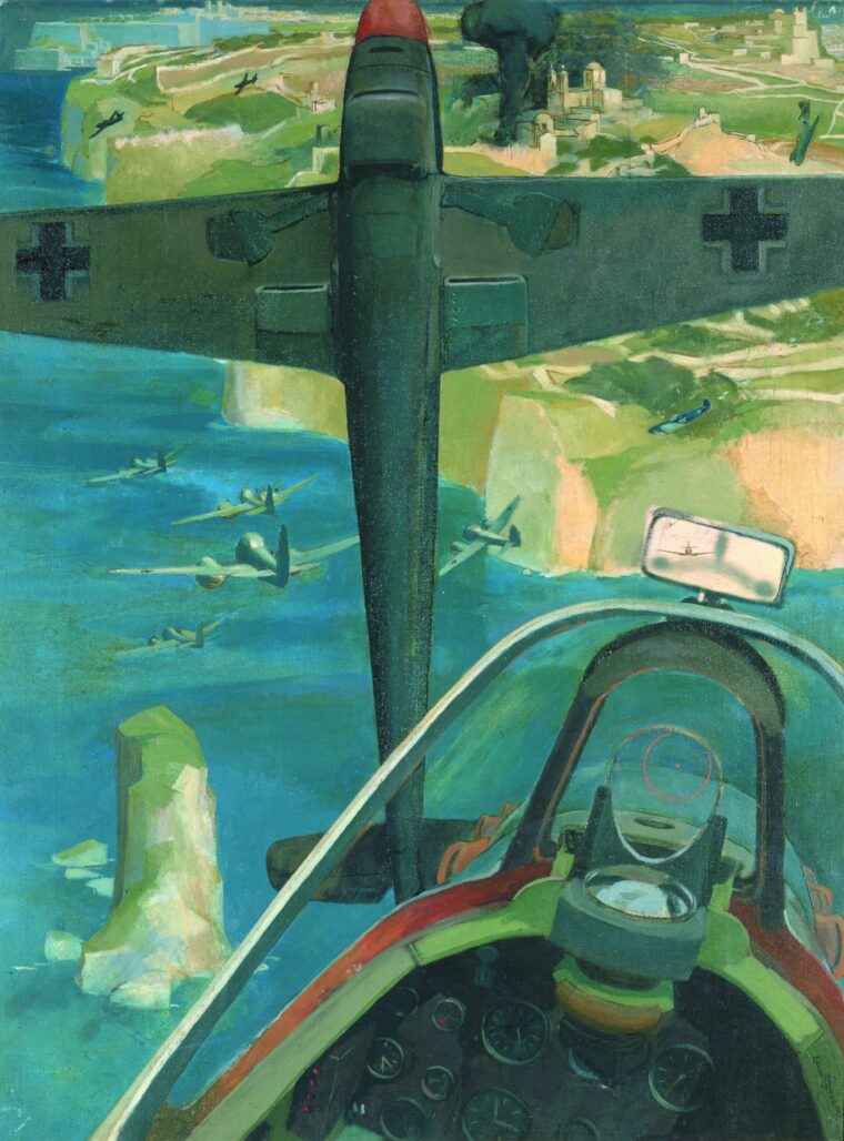 In this painting by Denis A. Barnham, the cockpit view of a British Supermarine Spitfire fighter is filled with the underside of a German Messerschmitt Me-109 fighter escorting a flight of Junkers Ju-88 bombers over the island of Malta. George Beurling earned a fearsome reputation as a fighter pilot in the skies above the Mediterranean island.