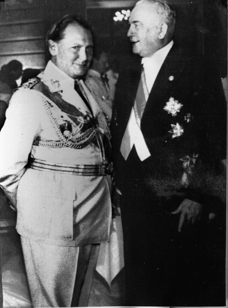 Luftwaffe chief Hermann Göring (left) and German Foreign Minister Baron Konstantin von Neurath chat during a state function.