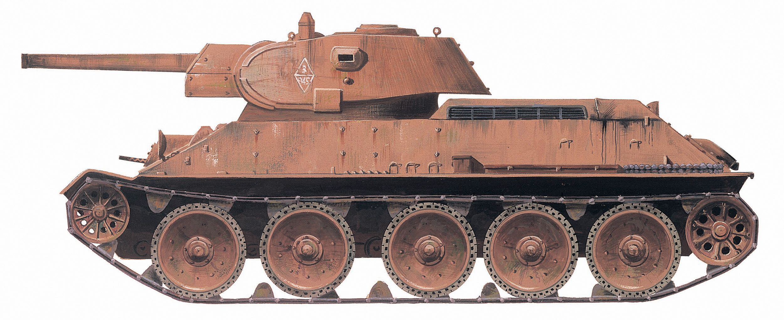 Arguably the finest all-around battle tank of World War II, the Soviet T-34 mounted a 76.2mm main gun and reached the Eastern Front in large numbers.