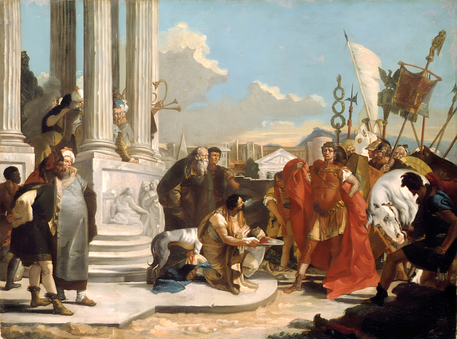 In an 18th-century painting, Caesar contemplates the severed head of Pompey, who was murdered by the courtiers of Egypt’s Ptolemy XIII. In reality, he refused to gaze upon it.