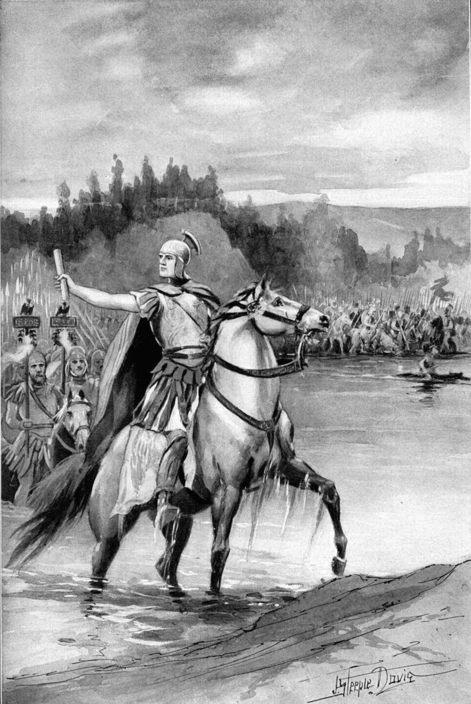 Caesar was branded an enemy of the Republic for crossing the Rubicon River with his troops in January 49 bc.