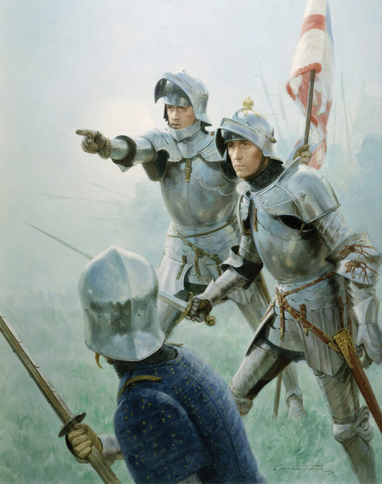 When the Lancastrian line was finally broken, a heavily armored Earl of Warwick tried to reach his horse to escape but was easily overtaken and killed by Yorkist infantry.