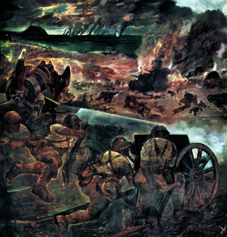 This Japanese war painting shows defenders taking cover behind wrecked U.S. equipment while firing on advancing Marines.