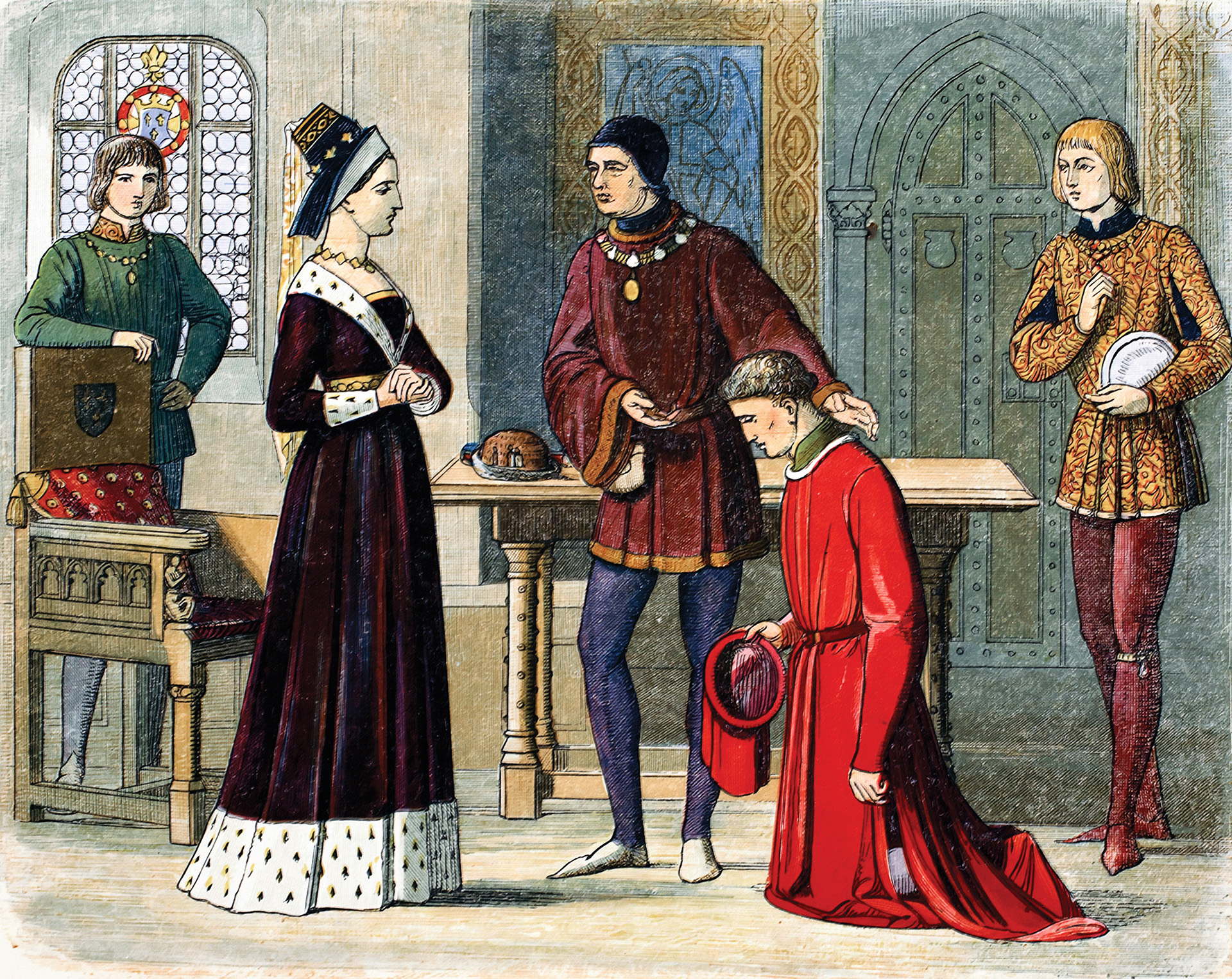 The Earl of Warwick submits to Queen Margaret of Anjou in France at a meeting arranged by French King Louis XI. Through the Angers Agreement of July 1470, Warwick pledged to restore her husband, deposed Lancastrian King Henry VI, to the throne of England.