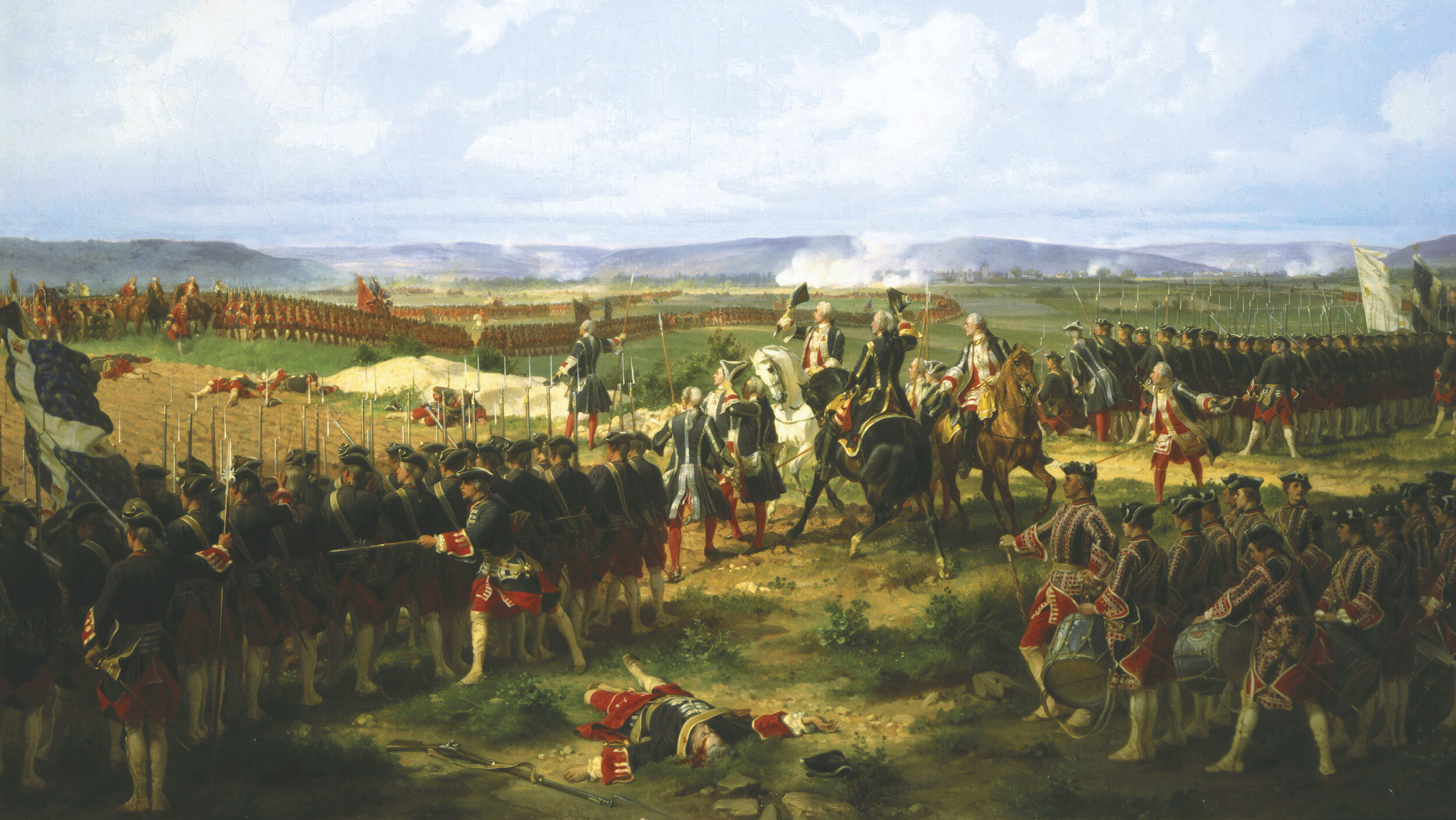 In this painting of the Battle of Fontenoy by Felix Philippoteaux, British and French officers salute each other before their opposing armies begin firing.