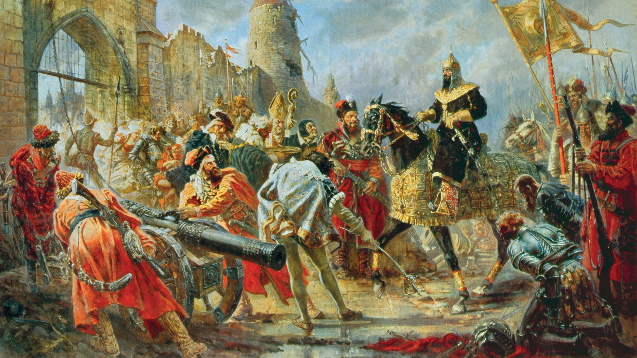 Russian Czar Ivan the Terrible, hand on sword, claims the Livonian fortress of Konhausen during his quarter-century-long invasion of the neighboring country.