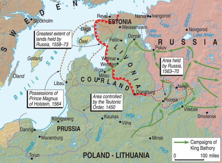 Russia’s and Poland-Lithuania’s western borders with Livonia changed frequently during the ebb and flow of the fighting. Ivan dearly coveted a port on the Baltic Sea.