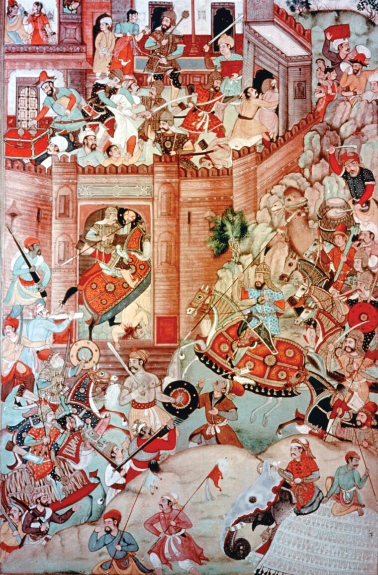 Genghis Khan and his Mongol hordes attack a Tangut (Xi) fortress in western China in ad 1205 in this highly imaginative 16th-century Indian painting.