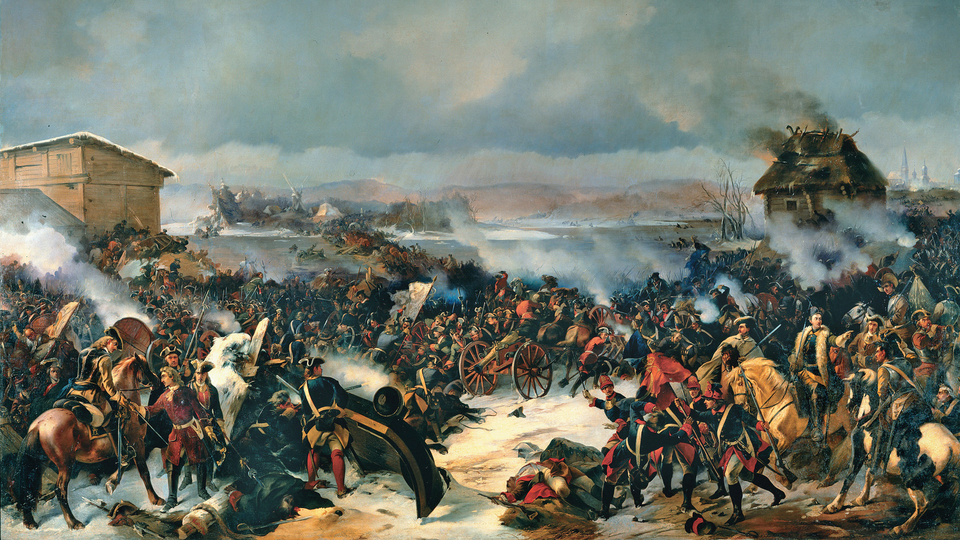The Battle of Narva was a resounding victory for Swedish King Charles XII over his Russian foe. The young monarch is shown at lower right in Alexander von Kotzebue’s romantic painting.
