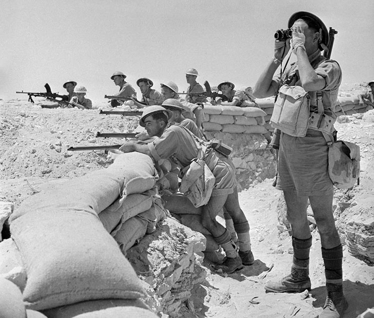 British infantry man earthworks on the El Alamein line. From July to August 1942, the British army in Egypt received a vast influx of men and material.