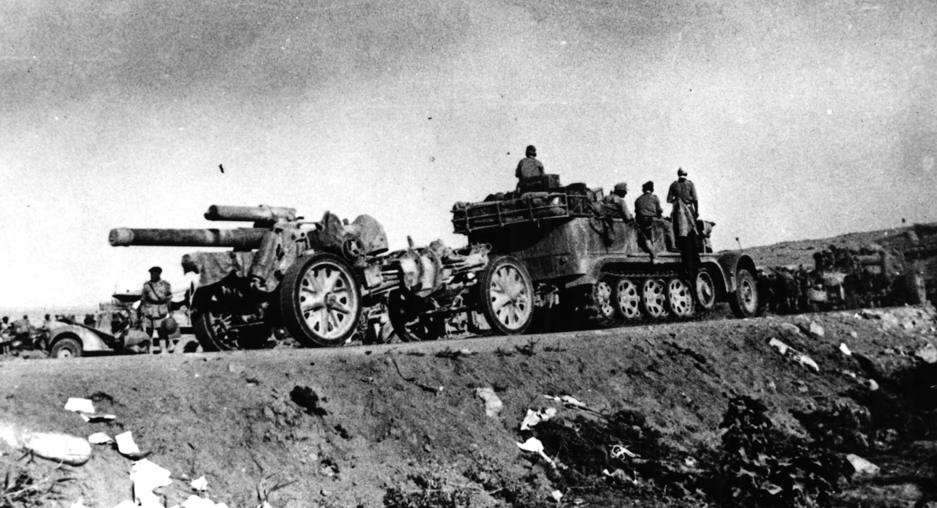 Panzerarmee Afrika artillery is towed into position during the early fighting at El Alamein. Rommel’s supply line was stretched to the breaking point in Egypt and only a small fraction of the supplies needed arrived each day