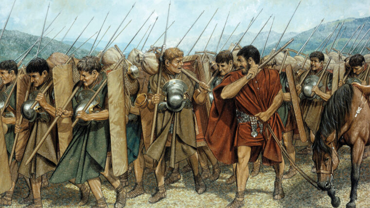 A modern illustration shows Roman legionnaires on the march. The front ranks typically charged into battle, stopping to hurl their pilum before closing with the enemy using their gladius. In the melee, they used their scutum to knock their opponents off balance.