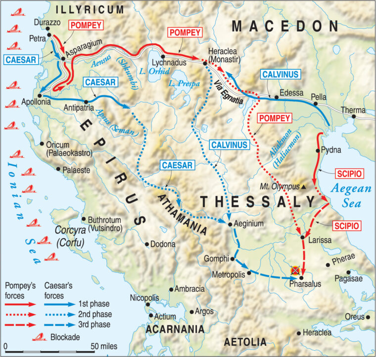 Pompey used the Via Egnatia to move his less experienced army across northern Greece, while Caesar’s veteran campaigners marched on paths through the mountains to the Plain of Pharsalus.