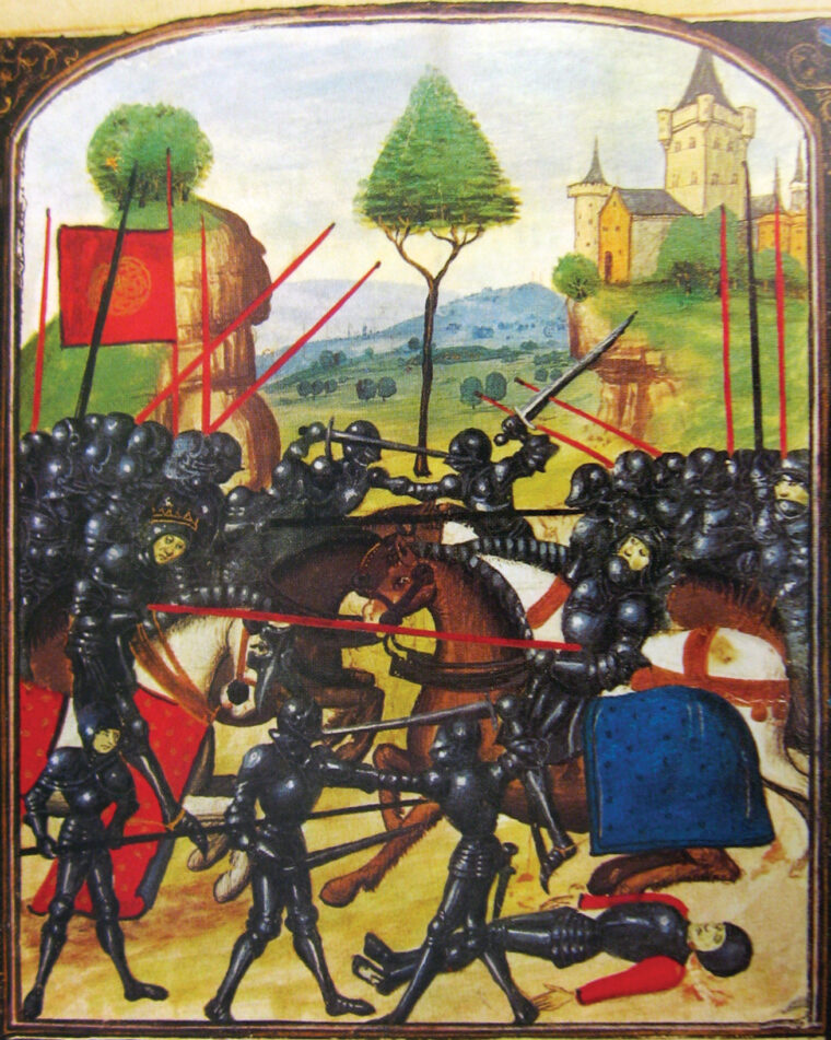 A fanciful period depiction of the Battle of Barnet fought just outside London shows Edward IV (left) piercing the Earl of Warwick with a lance. As with all battles during the Wars of the Roses, the bulk of the forces fought dismounted. 