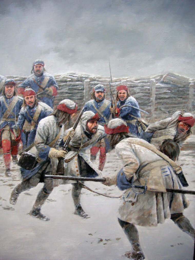 Swedish infantry from the Wermeland Regiment invade the Russian-held earthworks at Narva. The Swedish army excelled in the offensive; the catchword “Ga Pa” (“up and at ‘em”) was no mere exhortation, but an article of faith.