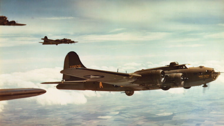 Boeing B-17 Flying Fortresses of the Eighth Air Force head toward a target inside Germany. Along with the Consolidated B-24 Liberator, the Flying Fortress was a workhorse of the U.S. daylight bombing effort against Nazi-occupied Europe.