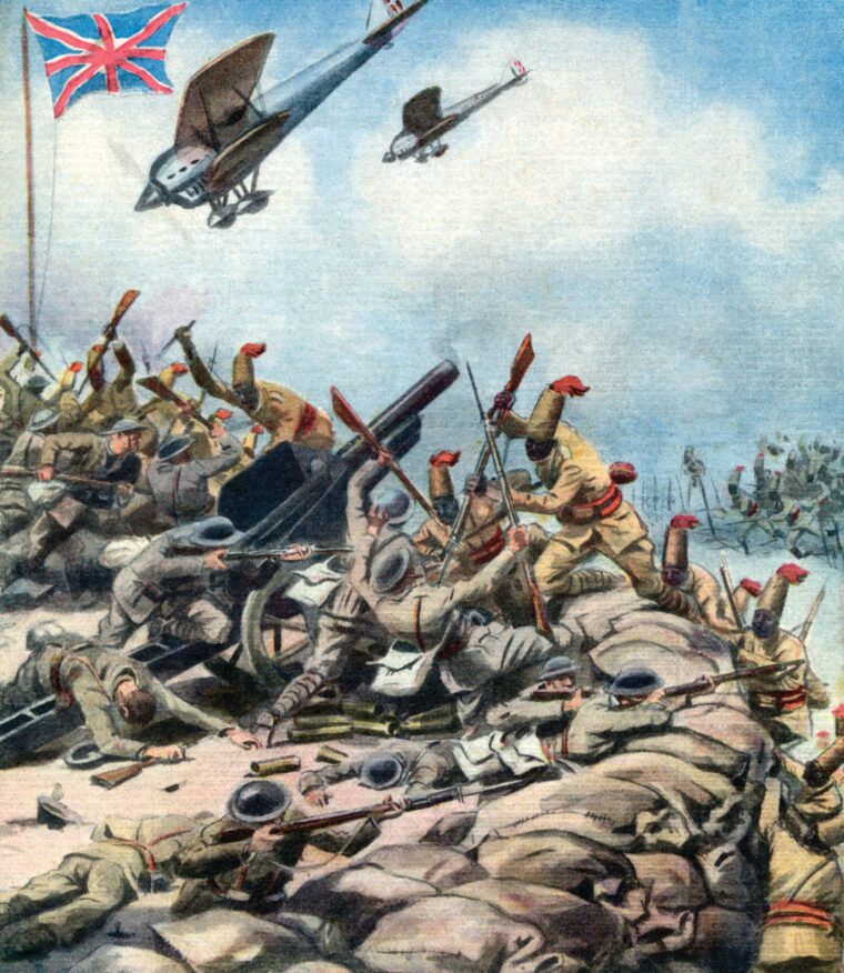 In this somewhat fanciful rendering, Italian colonial troops, supported by aircraft, assault a British artillery position at Mojale, Kenya, in 1940. Despite overwhelming numerical superiority, Italian victories in East Africa were few and far between.
