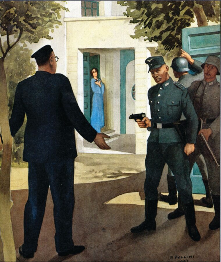 In this painting by Italian war artist Pio Pullini, German soldiers hold an Italian professor at bay as they requisition his car. The Germans distrusted the Italian population as a whole and often did not hesitate to threaten civilians roughly, taking their property for military use.