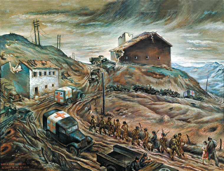 A procession of fatigued soldiers, refugees, trucks, and ambulances snakes its way along a muddy war-torn Italian hillside in this painting by Harry Davis.