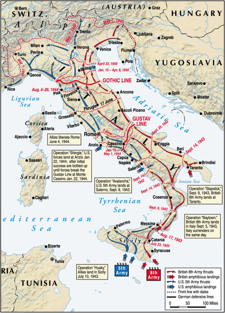 The campaign to liberate Italy began with the invasion of Sicily in July 1943. McNelis arrived in Naples in May 1944; he and the 85th Infantry Division would push as far north as Austria before his overseas duty ended in May 1945. 