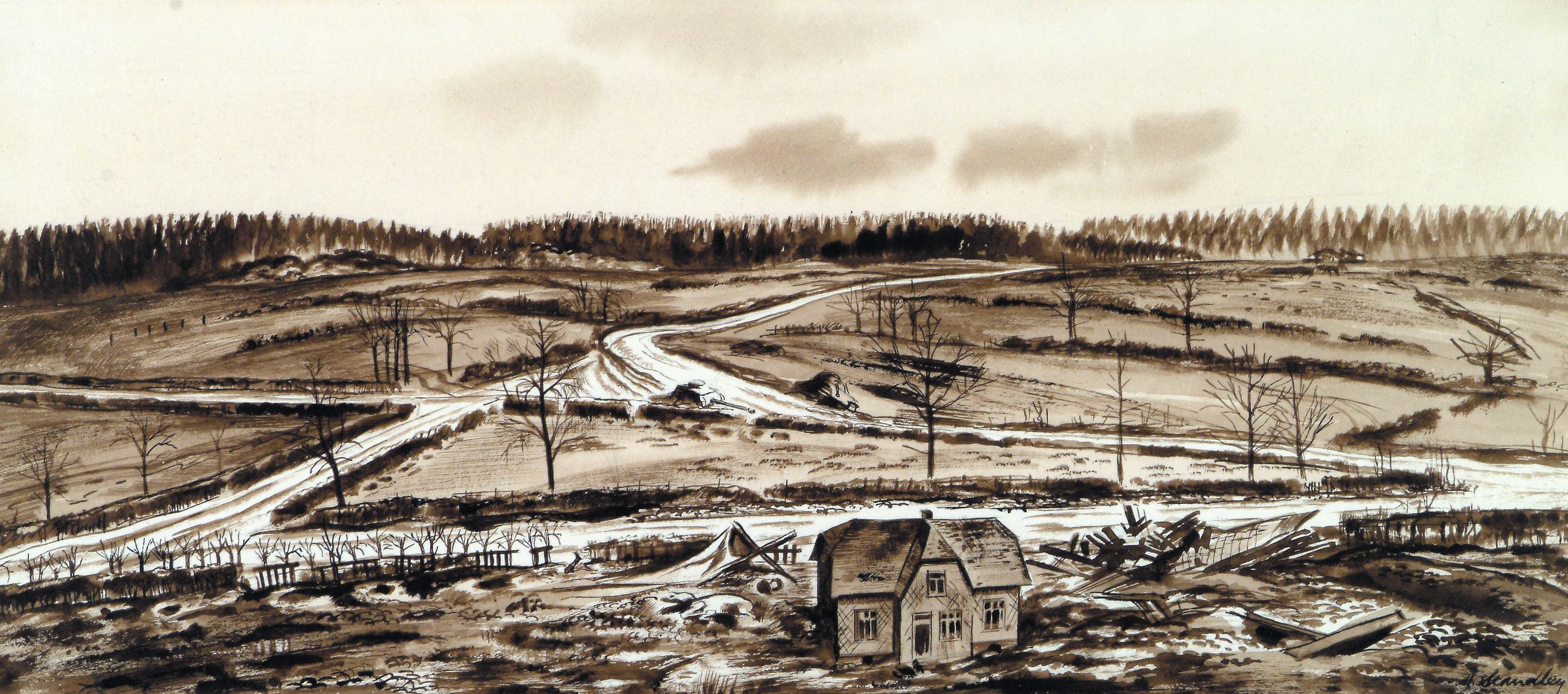U.S. Army combat artist Harrison S. Standley preserved the wartime look of the crossroads at Lausdell and the Palm farmhouse where a heroic stand was made against the advancing Germans on December 17-18, 1944.