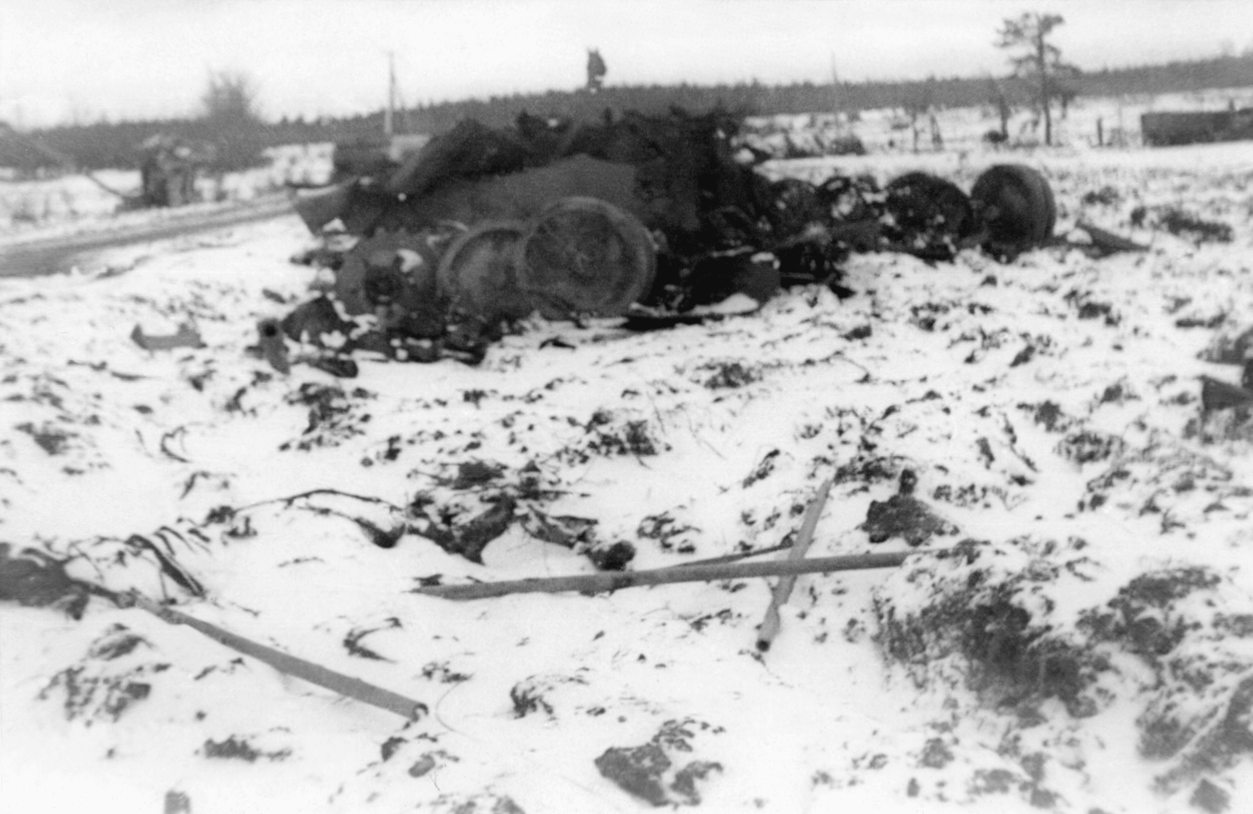 A direct hit from an artillery shell destroyed this Panther in the area held by Company A. Accurate artillery fire was critical in slowing the German advance at Lausdell.