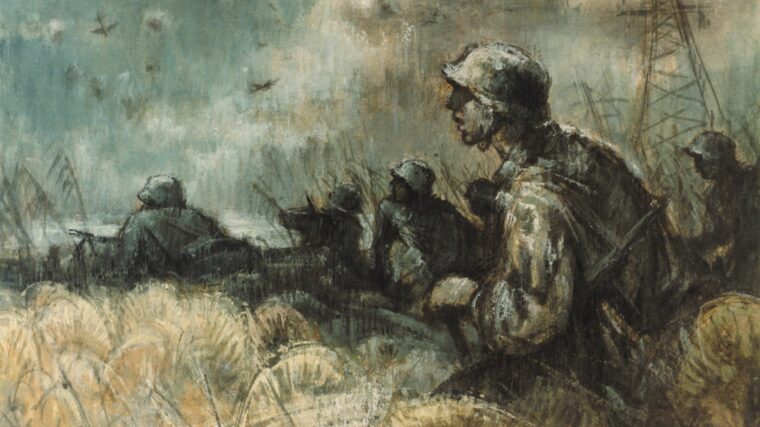 In this bleak painting titled Stuka Support by German war artist Helmut Gerorg, beleaguered soldiers of the Wehrmacht scan the sky as the dive bombers attack distant Red Army targets.
