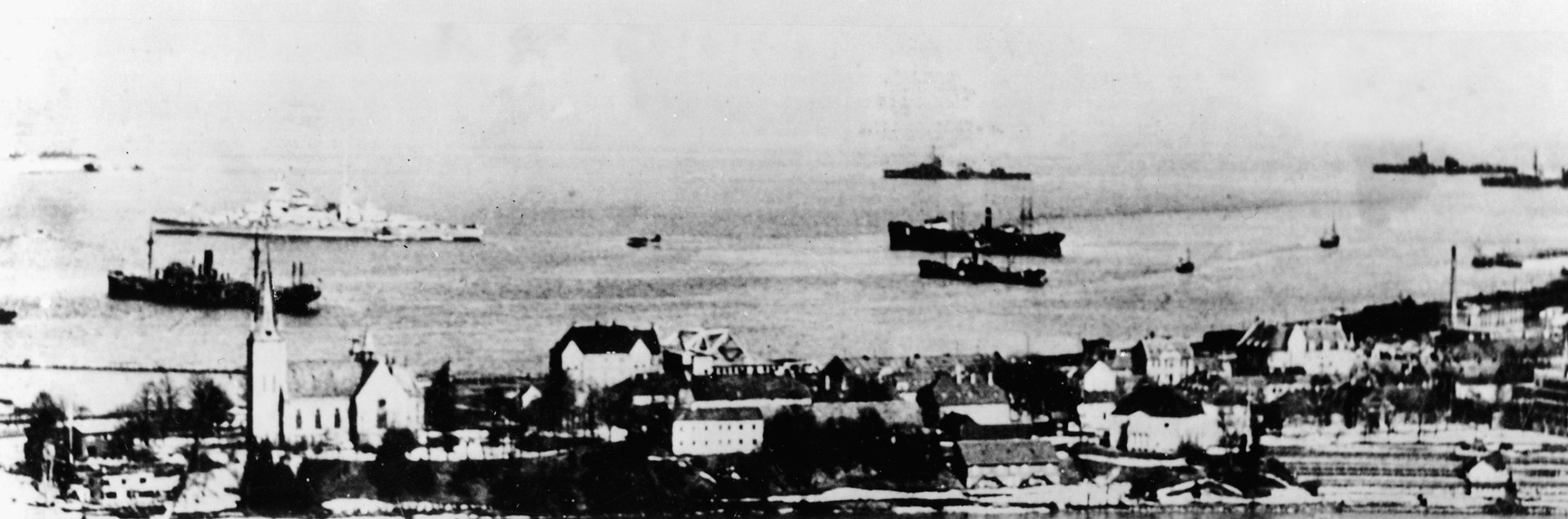 Elements of a German naval contingent lie anchored off the coast of Trondheim. 