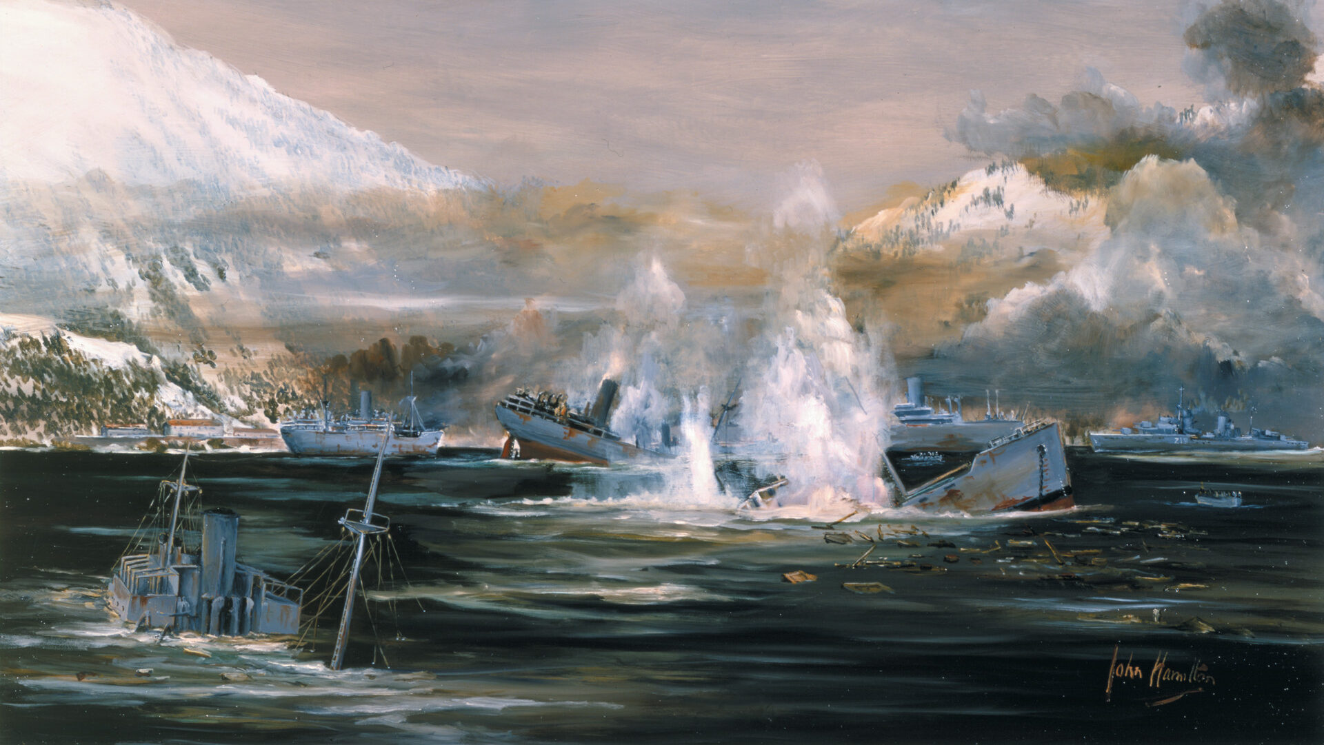In this painting by John Hamilton, the devastation wrought in Narvik harbor by a marauding British naval squadron is readily apparent.