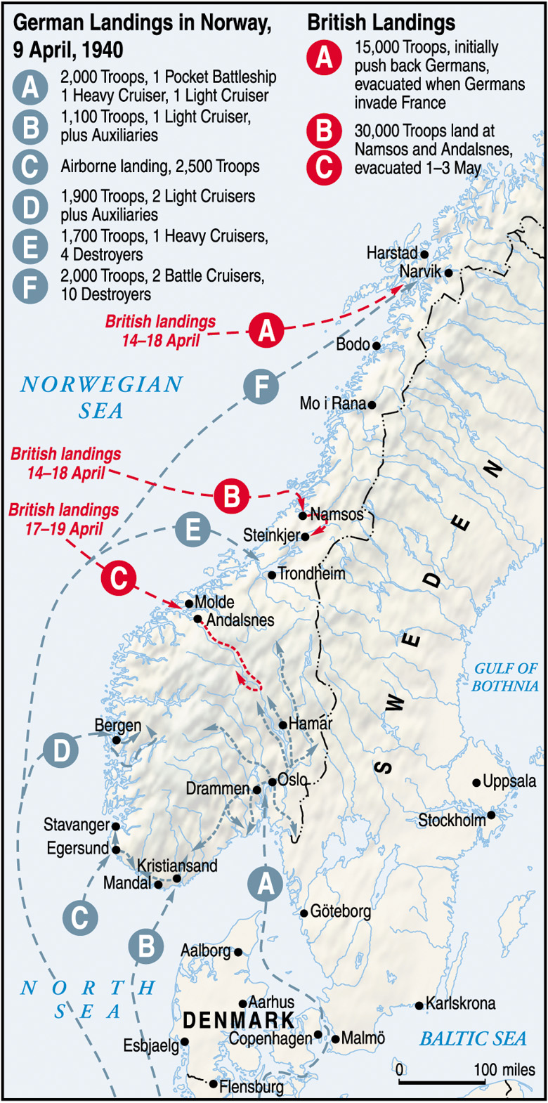 A series of German and British amphibious operations in Norway were followed by sharp clashes on land and sea. Both sides suffered serious losses before the Allied decision to withdraw was made.