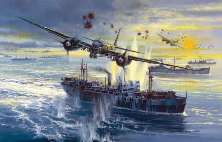In this painting by Robert Bailey, Luftwaffe Junkers Ju-88 bombers press home their attacks against merchant vessels of Convoy PQ-17, destined for the Soviet port of Archangel in July 1942.