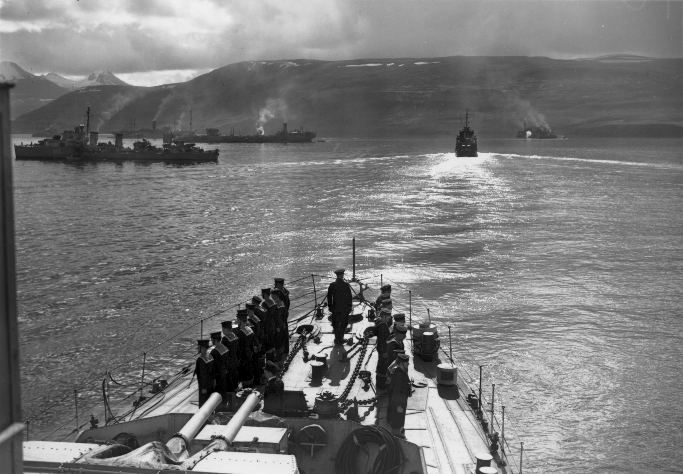 British destroyers and Soviet tankers that made up a portion of Convoy PQ-17 assemble in an Icelandic fjord in June 1942.  