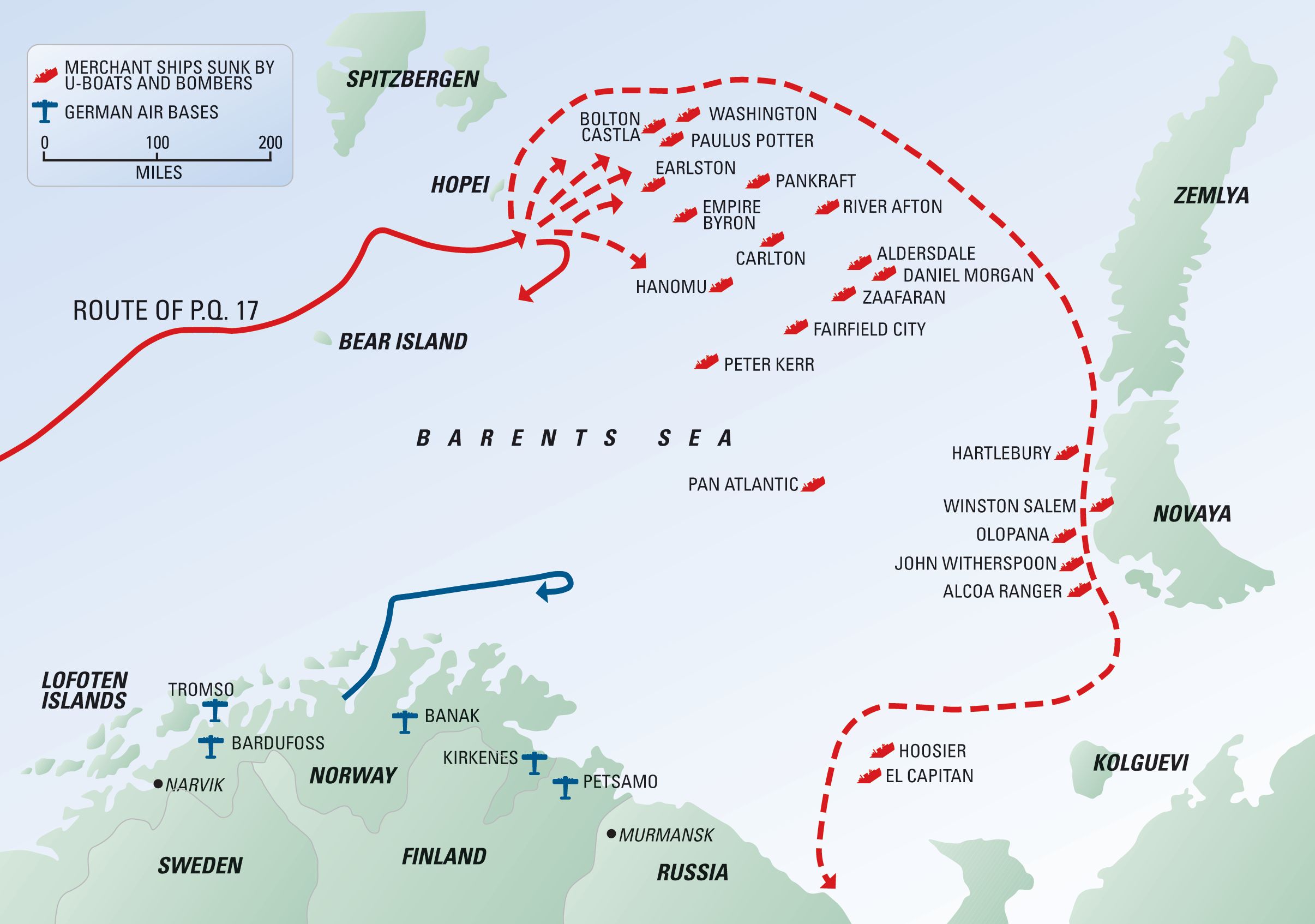 When Convoy PQ-17 scattered, German aircraft and U-boats took a fearful toll of merchant shipping bound for the Soviet Union with vital war matériel. A German naval squadron actually sortied from Norway (shown as blue arrow) but was recalled prior to engaging any of the Allied vessels.