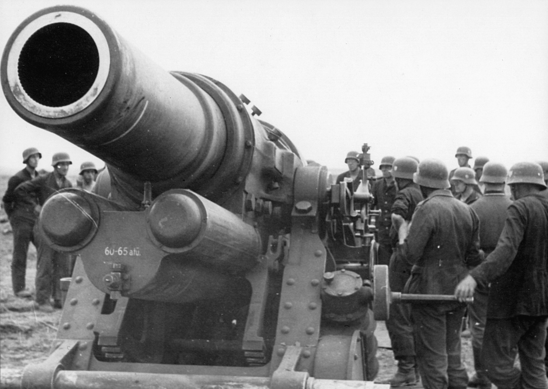A large German siege gun is trained on a target deep inside Sevastopol city limits. The Germans used several mammoth guns in an attempt to soften the Russian defenses.