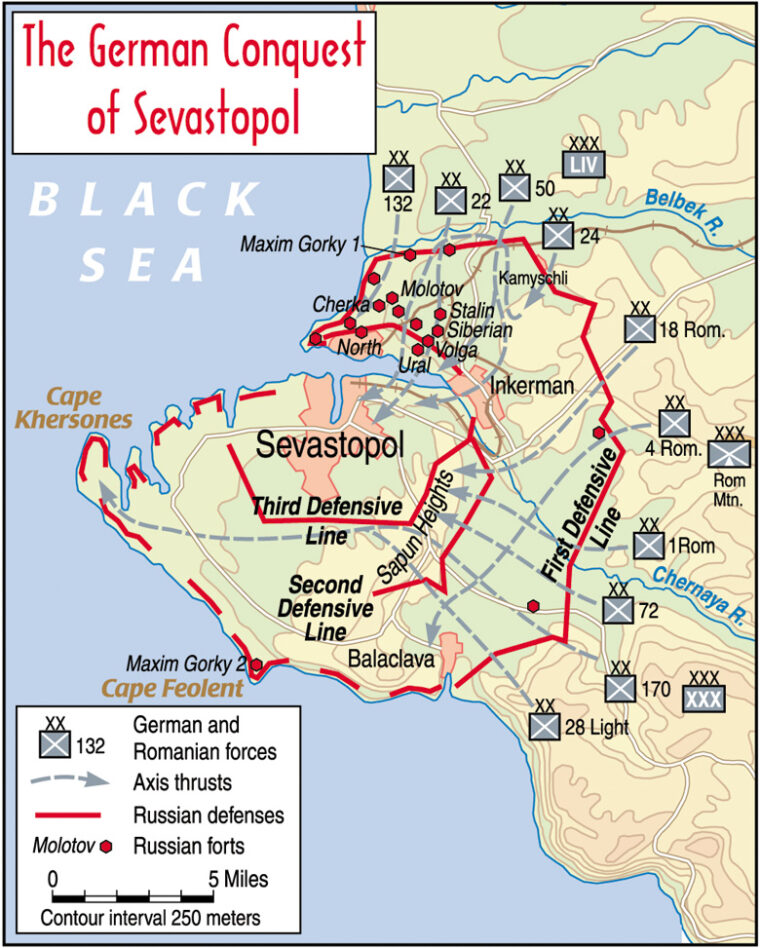 Although Sevastopol was encircled by a formidable ring of defenses, German efforts to cut off supply lines ensured that the Russians were slowly starved of supplies needed to wage war. 