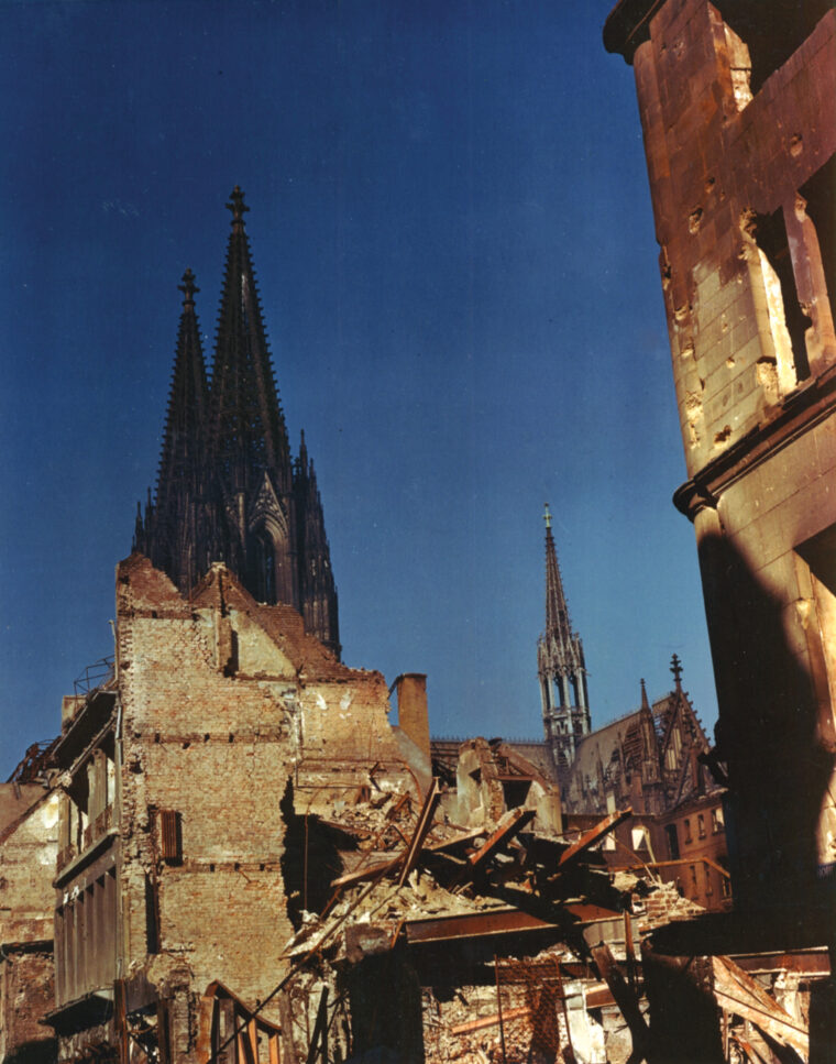 The ancient Cologne Cathedral was extensively damaged by Allied bombs. Countless European cultural treasures were destroyed or scarred by the ravages of war. 