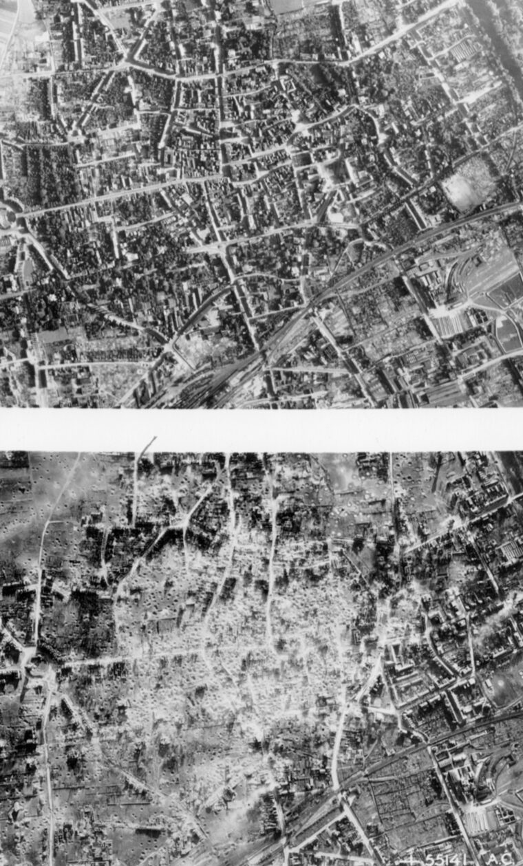 Photos of the city Duren, Germany, before and after repeated Allied bombing raids bear stark testimony to the devastation of the aerial onslaught. 