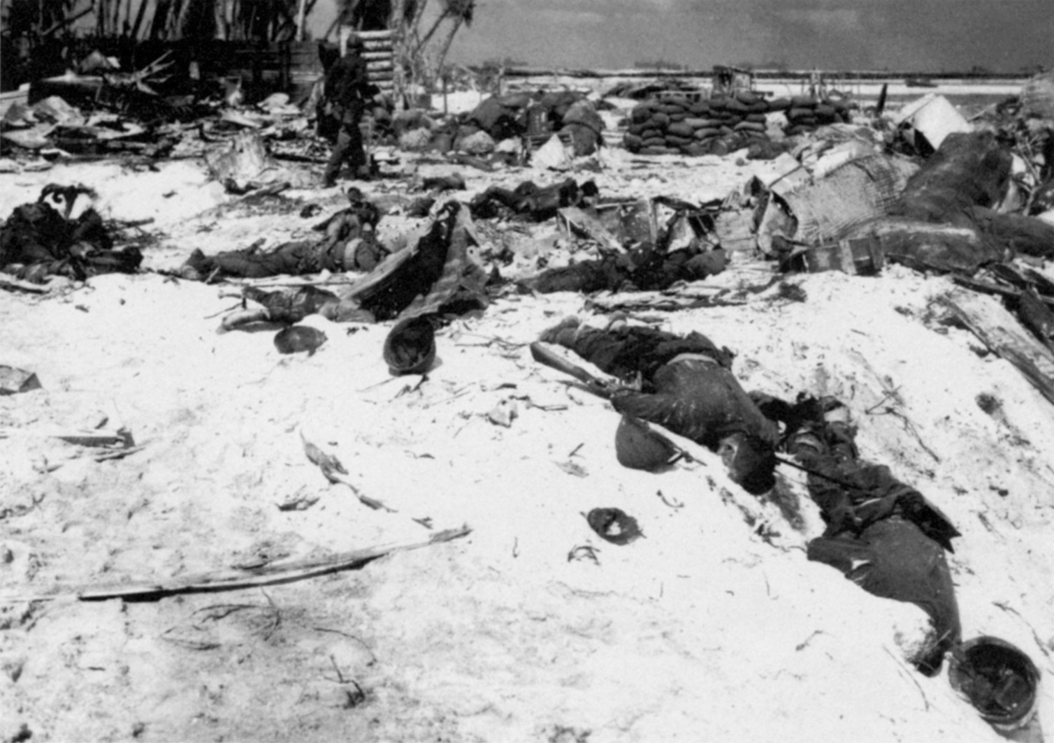 Japanese corpses sprawl in the Pacific sun after their position was destroyed by attacking Marines. The Japanese paid a heavy price in the futile defense of Tarawa. 