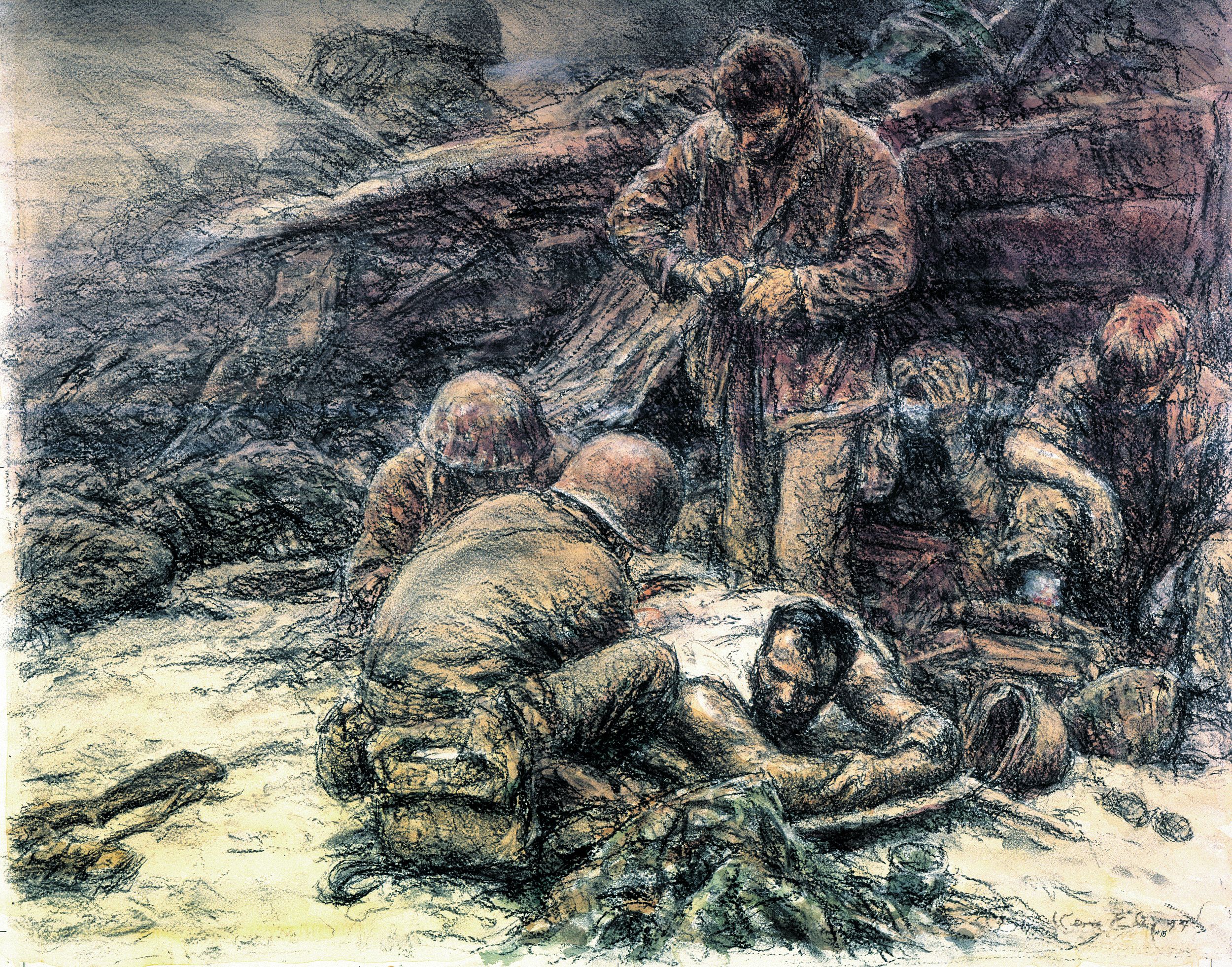 Marine corpsmen tend to the wounded on the bloody beach at Tarawa.  During a brief but savage struggle, U.S. forces captured the Japanese bastion in the Gilbert Islands, and bitter lessons learned at Tarawa were employed during future amphibious operations in the Pacific. 