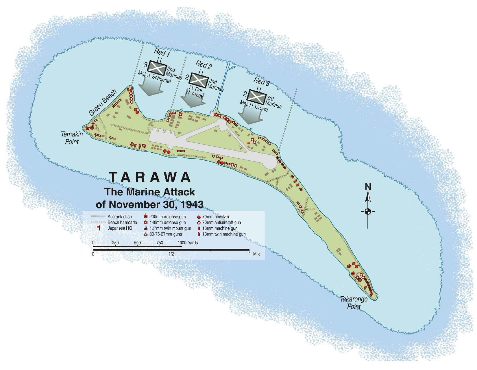 Betio islet, shaped roughly like a parrot, was the scene of horrific fighting as U.S. Marines captured Tarawa atoll. The landing beaches were designated Red 1 through Red 3, running west to east on the reef side of the islet.  Beaches designated Green and Black were considered much less suitable for landing operations.