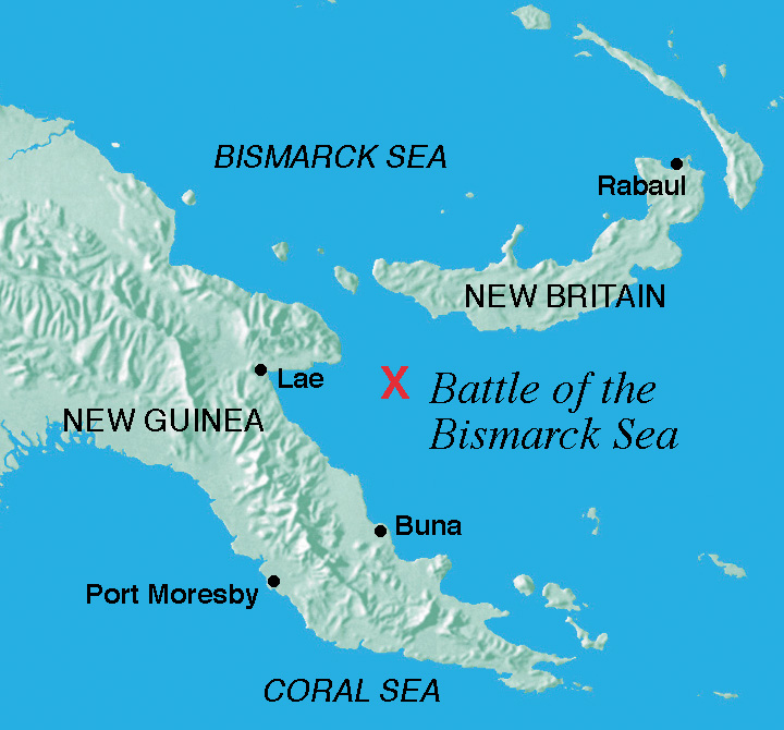 Off the coast of New Guinea to the west and the neighboring island of New Britain to the east, a devastating blow was delivered to Japanese plans for conquest in the South Pacific. In a matter of minutes, numerous troop transports were bombed and strafed by U.S. aircraft in the Bismarck Sea and thousands of troops were killed before they could fire a shot.