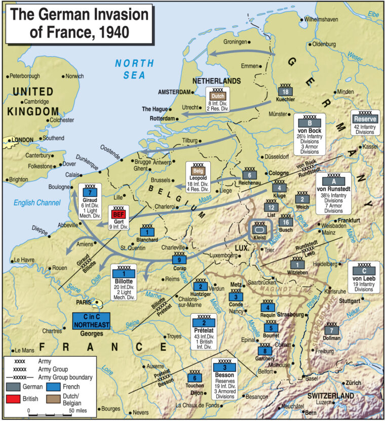 In a matter of weeks, German armored spearheads advanced across the breadth of France, forcing their traditional enemies to the surrender table and pushing the British Expeditionary Force into a narrow perimeter around the French port city of Dunkirk.