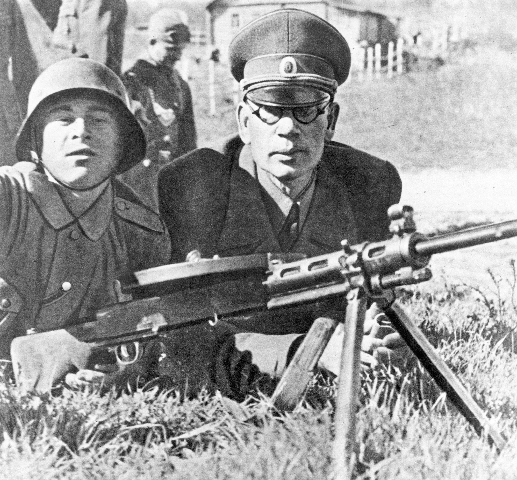 Former Bolshevik commander General Andrei Vlasov (right) turned against Moscow’s Stalinist regime and raised an army to fight with the Germans. Here, the general poses with a recruit during training.