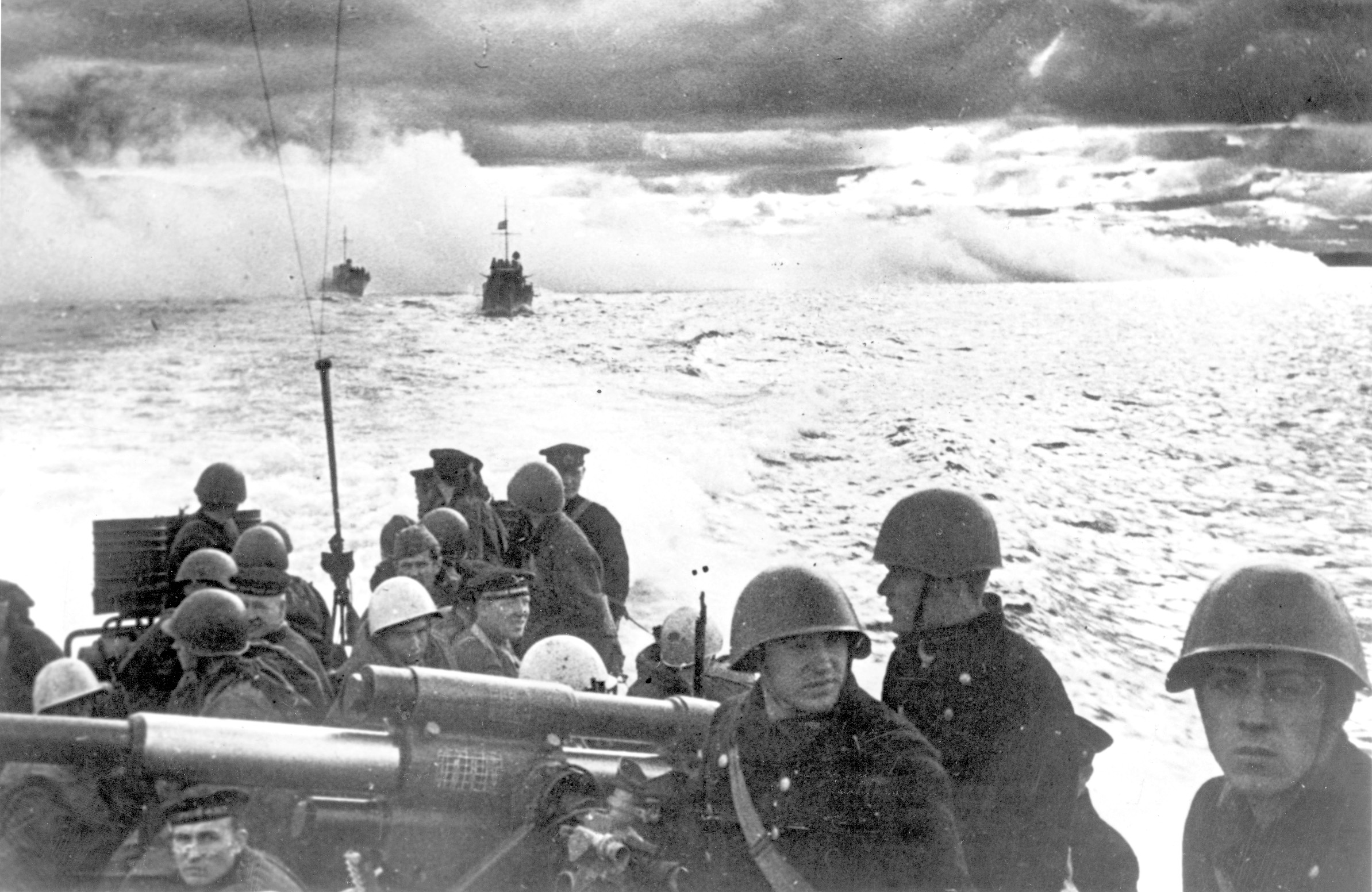 Soviet marines prepare to embark on a raid against German positions. When Axis forces occupied Novorossiysk on the Black Sea, the Soviet Navy was deprived of a principal base. 
