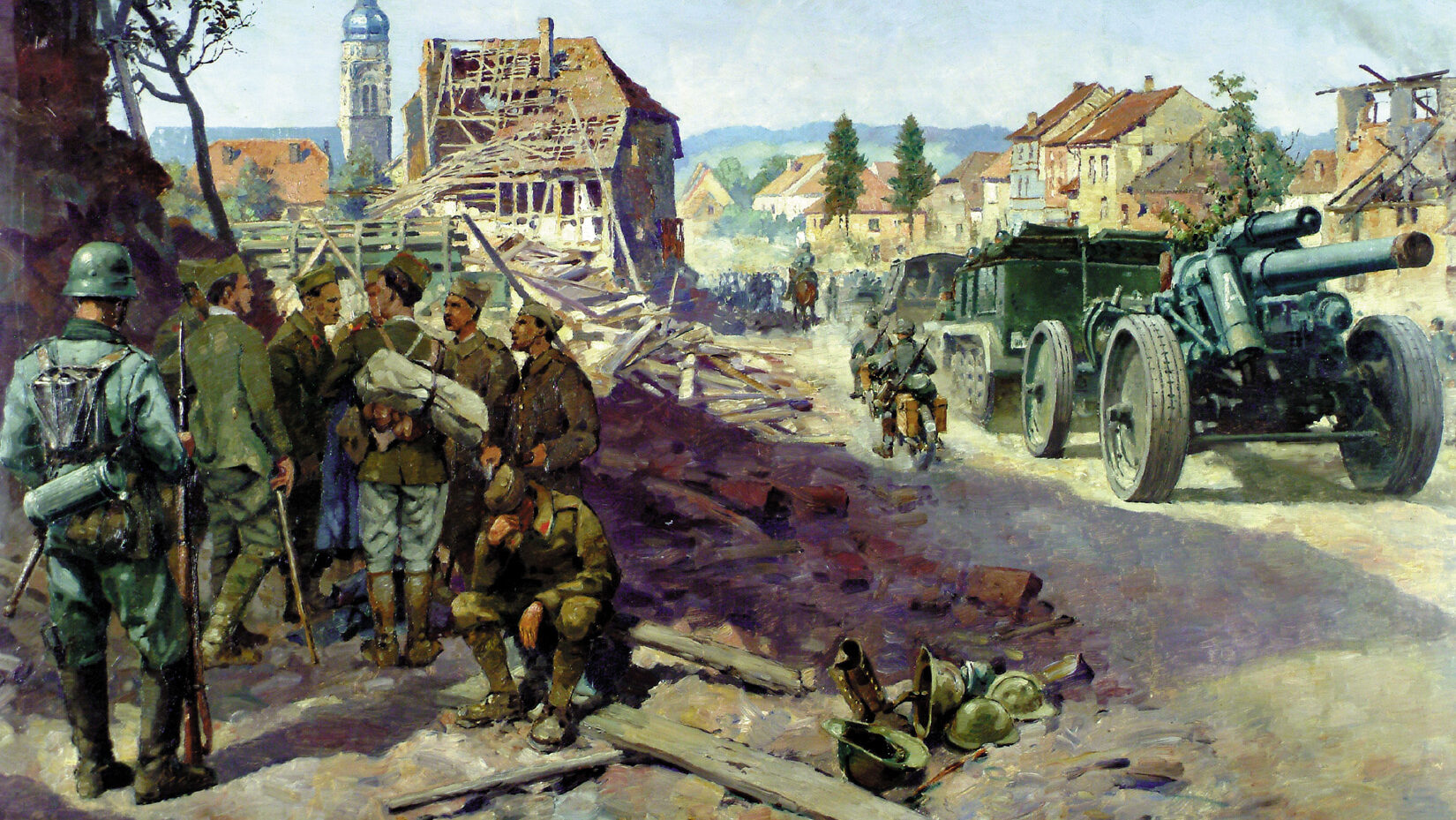 Russians are guarded by their German captors in this German WWII painting. Captured Russian General Andrei Vlasov, disillusioned with Stalin’s Bolshevik politics, was given command of a German army made up of captured Russian soldiers.