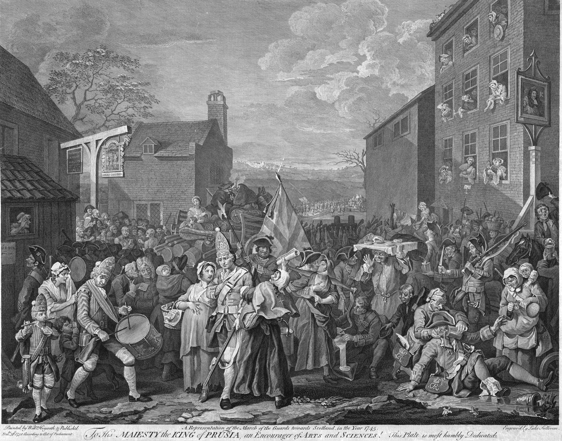 William Hogarth’s contemporary drawing depicts with great satire the British army on the march in the Forty-Five Rebellion. The British eventually assembled a crack army under William, Duke of Cumberland, which outfought the Highlanders.