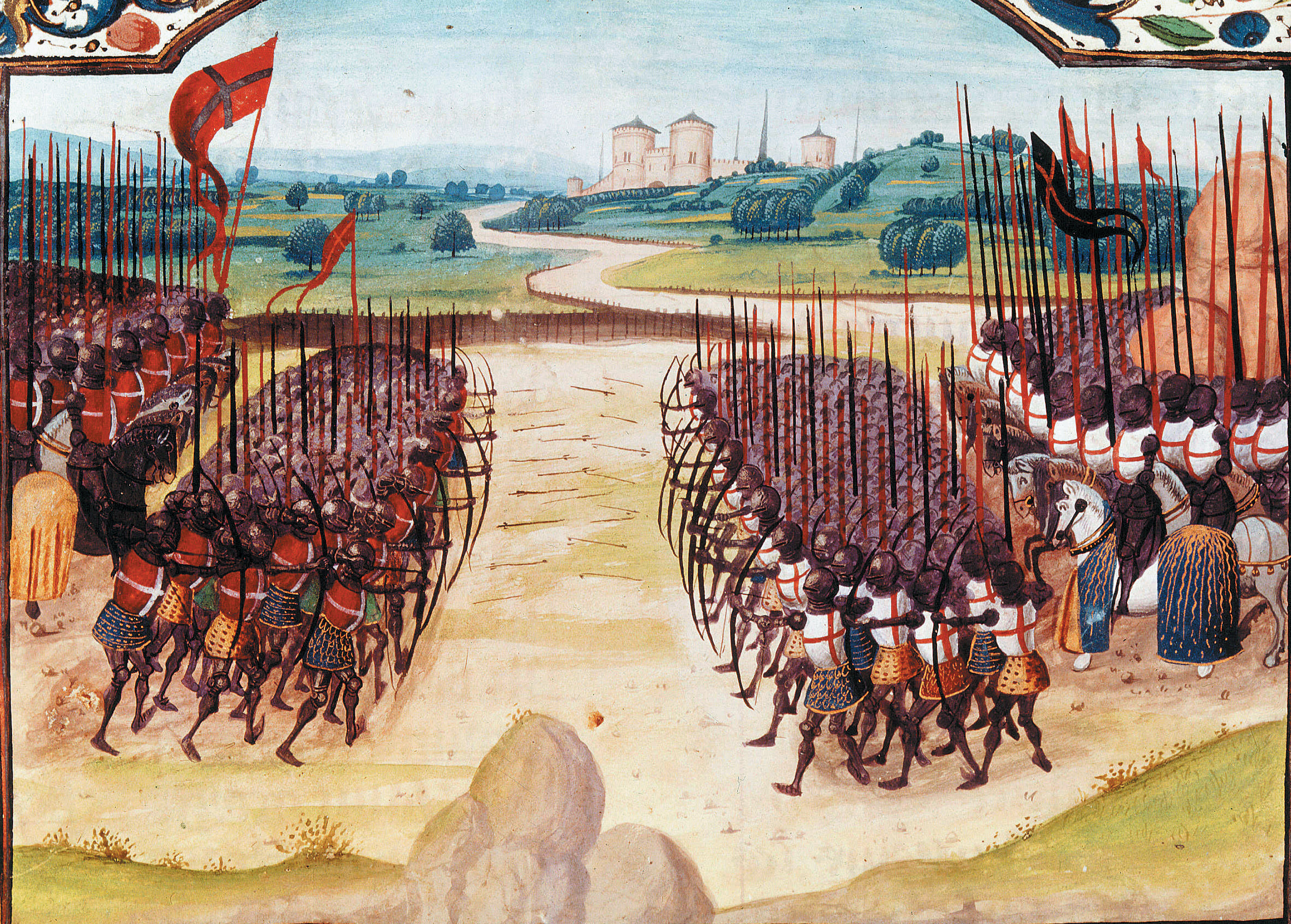 This 15th century French manuscript illumination shows arrows sailing through the air during the battle. In reality, only the English used archers at Agincourt.