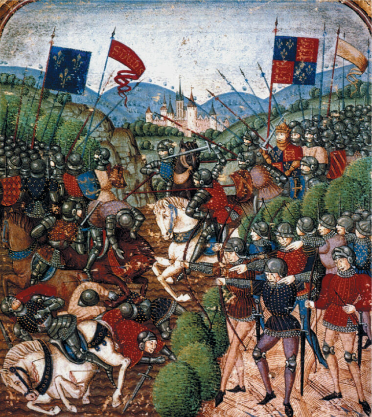 As French knights attack the English line, their horses become bogged down in the mud as English archers continue to pour deadly fire into their ranks.